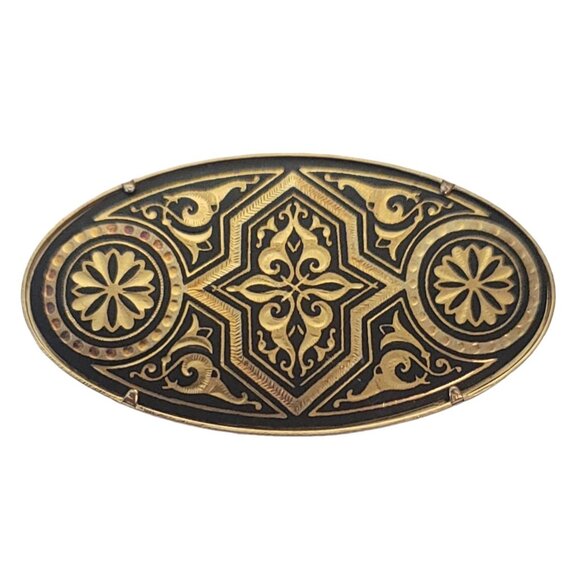 Vintage ia Midas of Toledo Trombone Clasp Oval Damascene Brooch Pin, Signed E956 - Picture 2 of 8